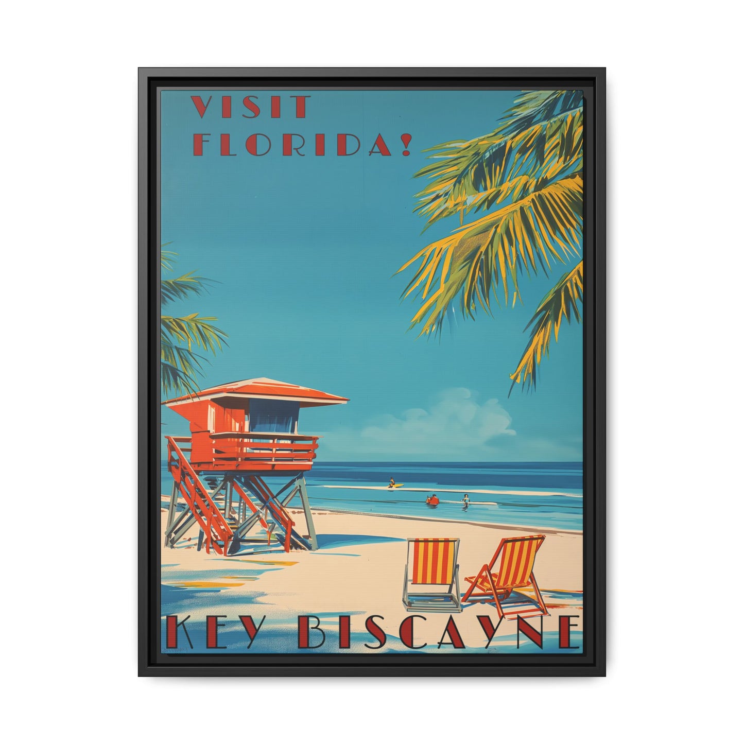 "Key Biscayne Beach Vintage – Classic Florida Coastal Art Print" Matte Canvas, Black Frame