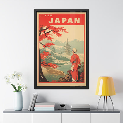 Vintage Japan Travel Poster - 'Visit Japan' Scenic Pagoda View Framed Posters