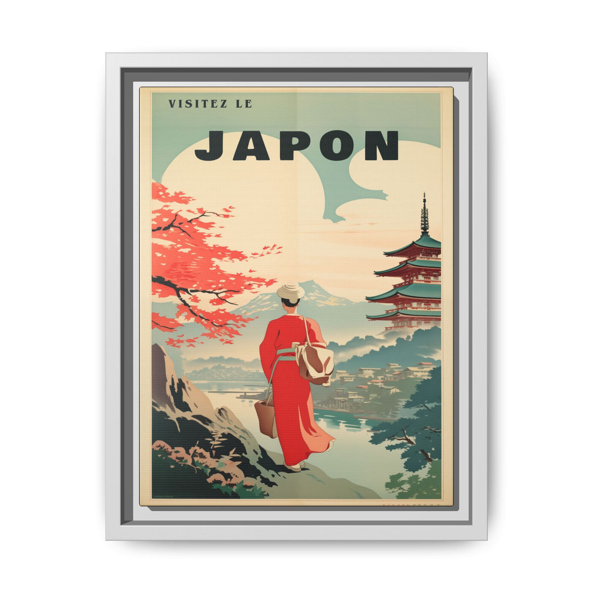 Vintage Visit Japan pagoda and maple artwork, 9 × 12, white framed canvas, front view