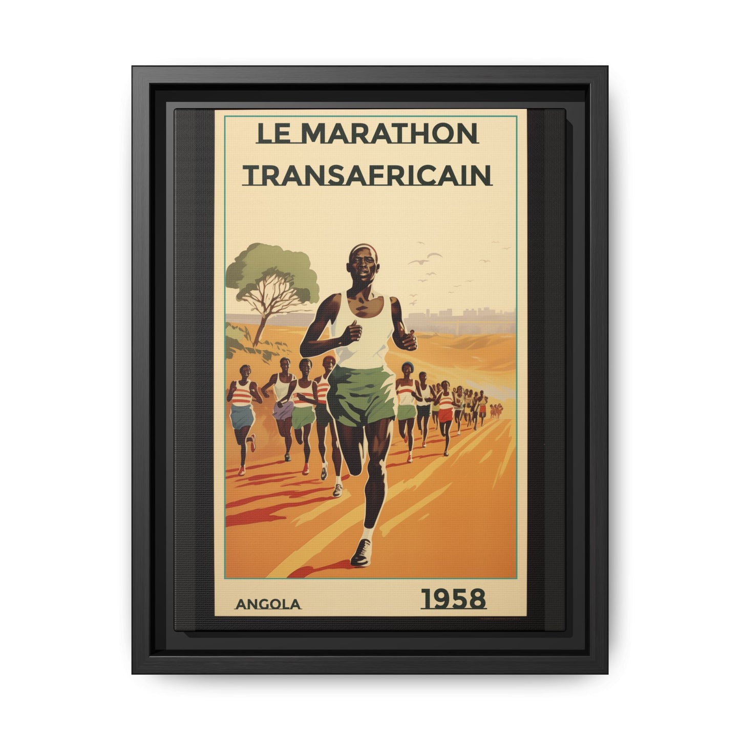 "Le Marathon Transafricain (French)". – 1958 Angola Vintage Matte Canvas, Black Frame