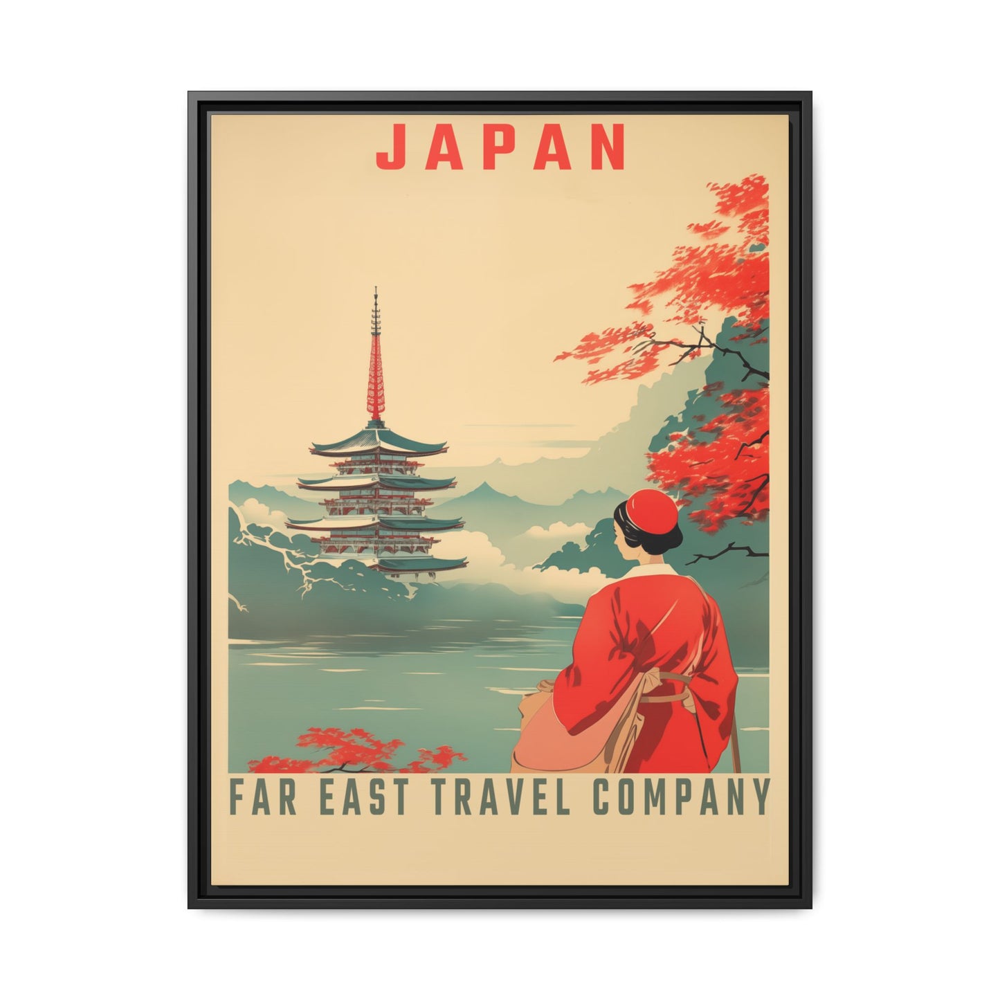 "Vintage Japan Travel Poster - Far East Travel Company Matte Canvas Wall Art with Black Frame" Matte Canvas, Black Frame