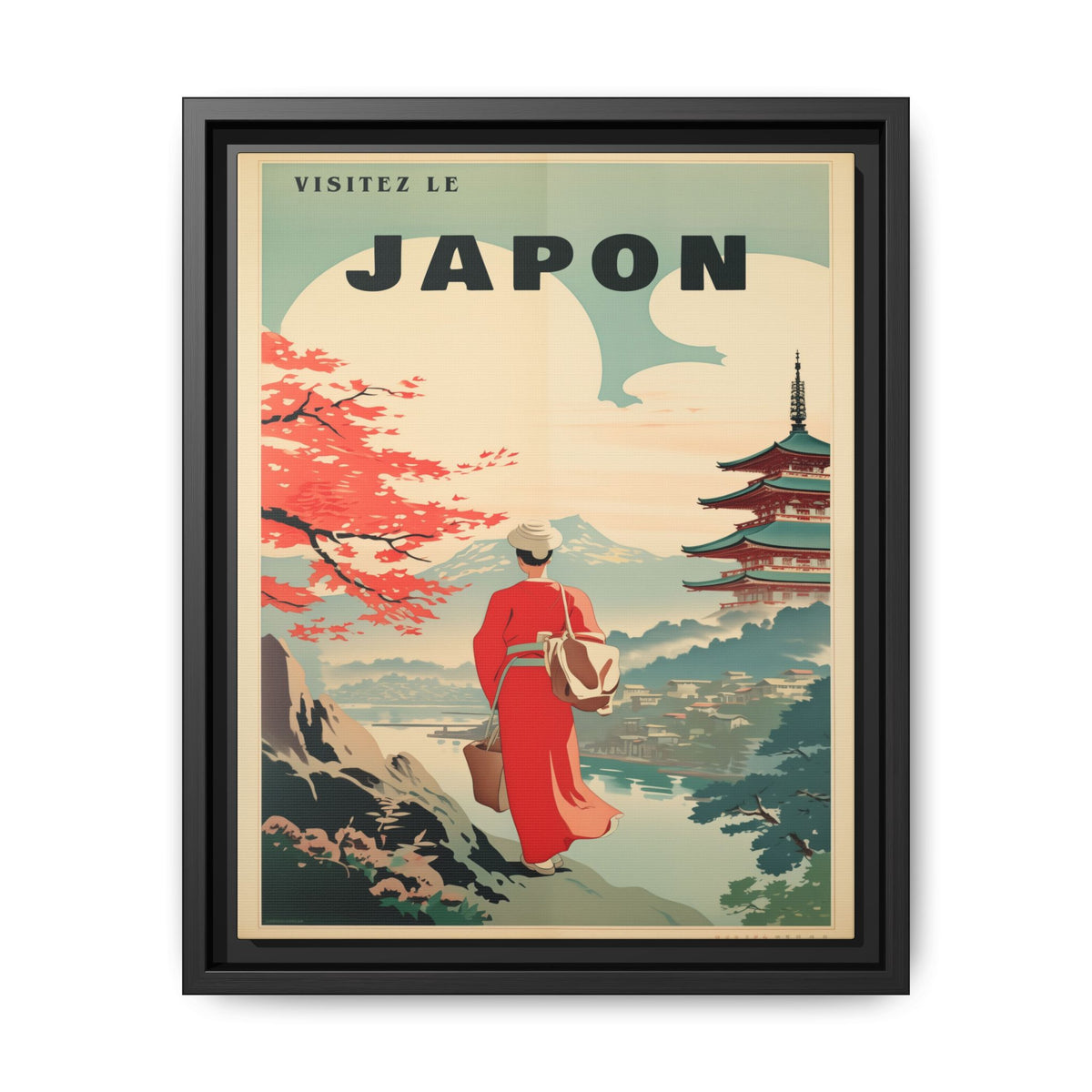 Vintage Visit Japan pagoda and maple artwork, 11 × 14, black framed canvas, front view