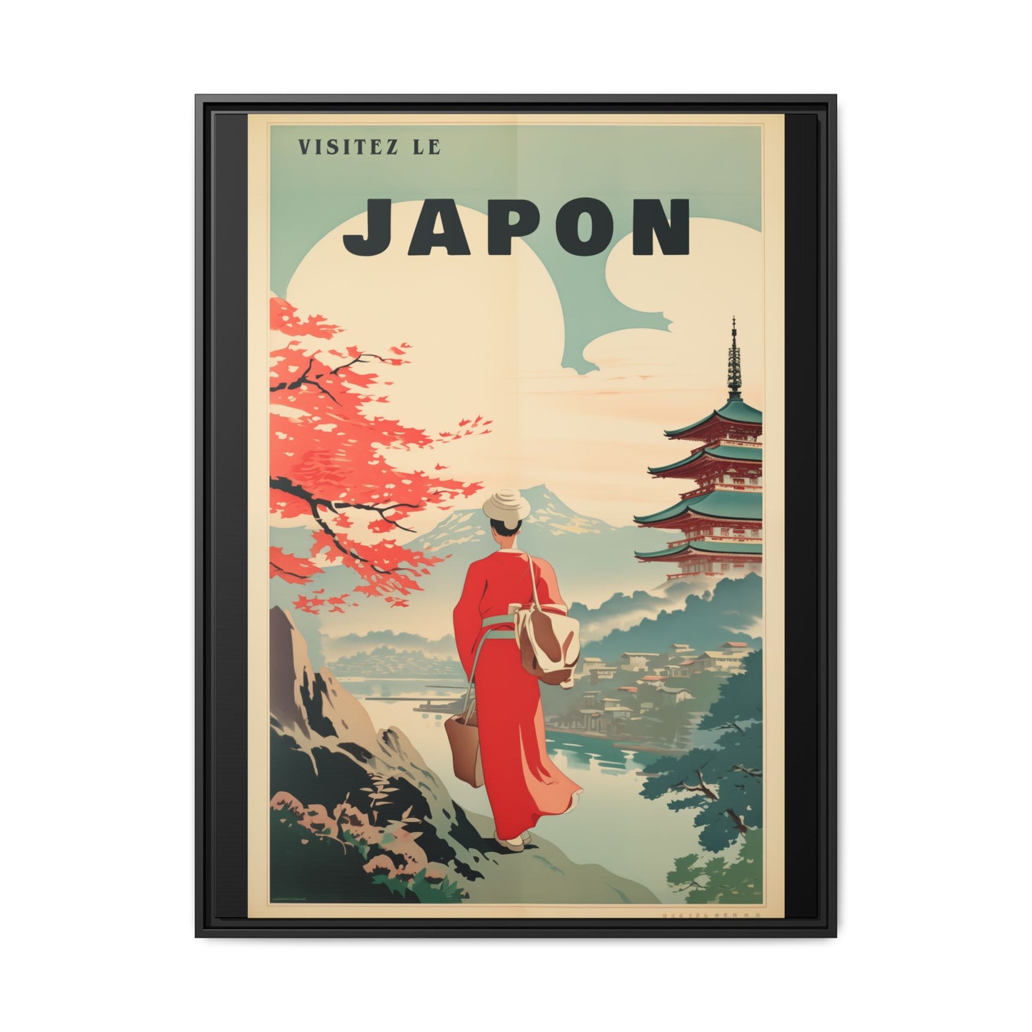 "Vintage French Japan Travel Poster - 'Visitez Le Japon' Matte Canvas Wall Art with Black Frame" Matte Canvas, Black Frame