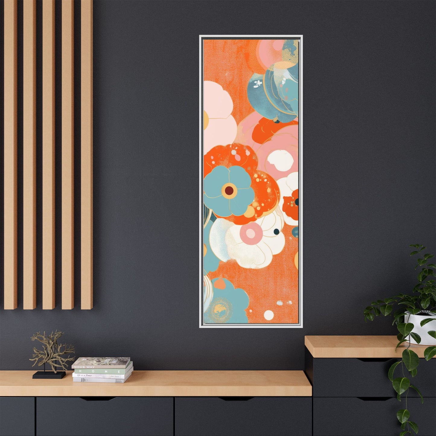 Mid-Century Modern Floral Abstract Canvas Set of 3 — 20×60  (Black, Espresso & White Frames)