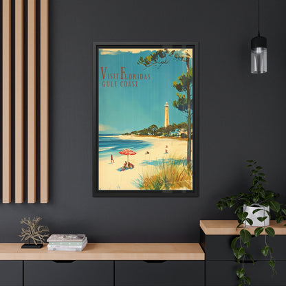 "Visit Florida’s Gulf Coast - Vintage Beach Scene Framed Poster"