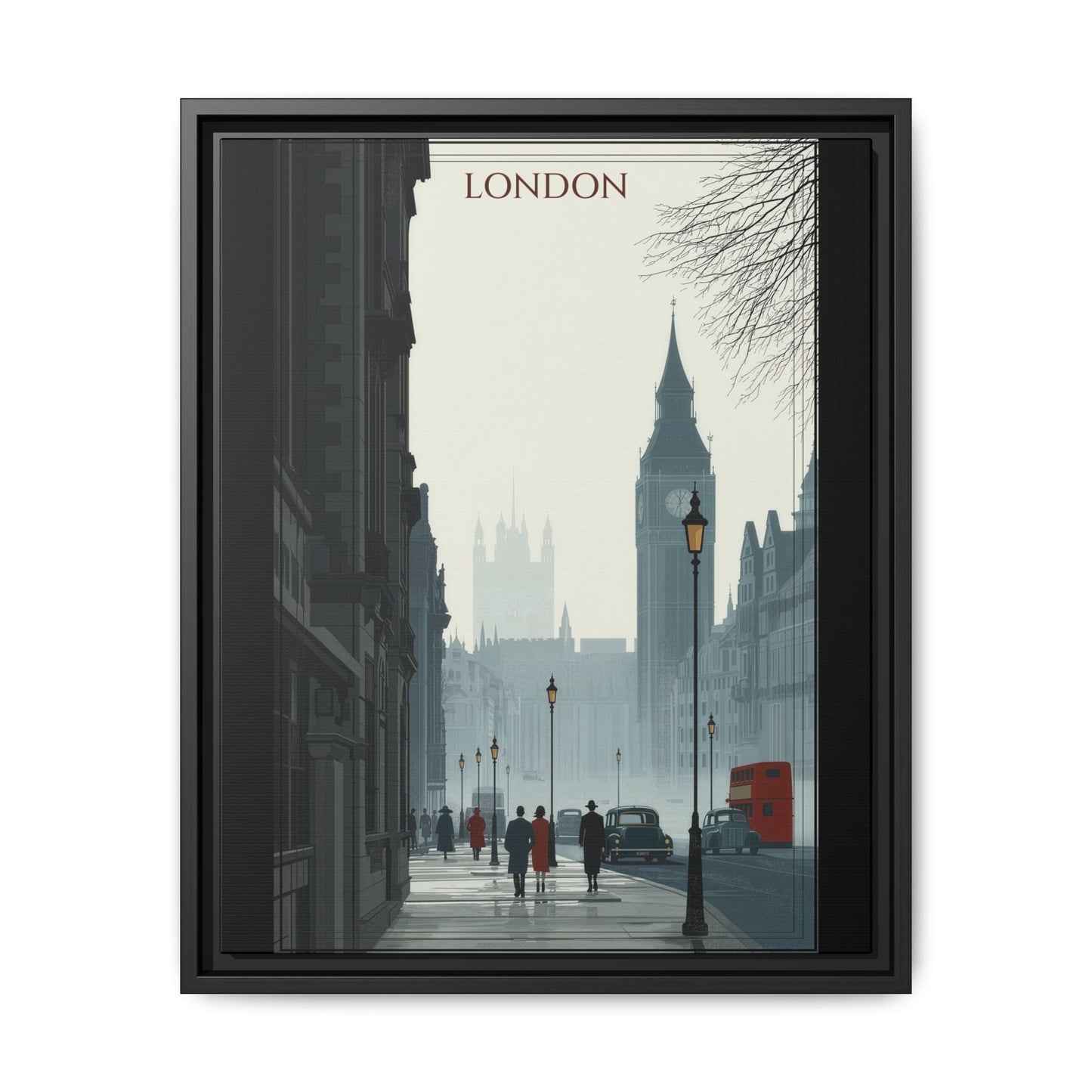 London Street Matte Canvas Print — Framed Vintage Cityscape Wall Art