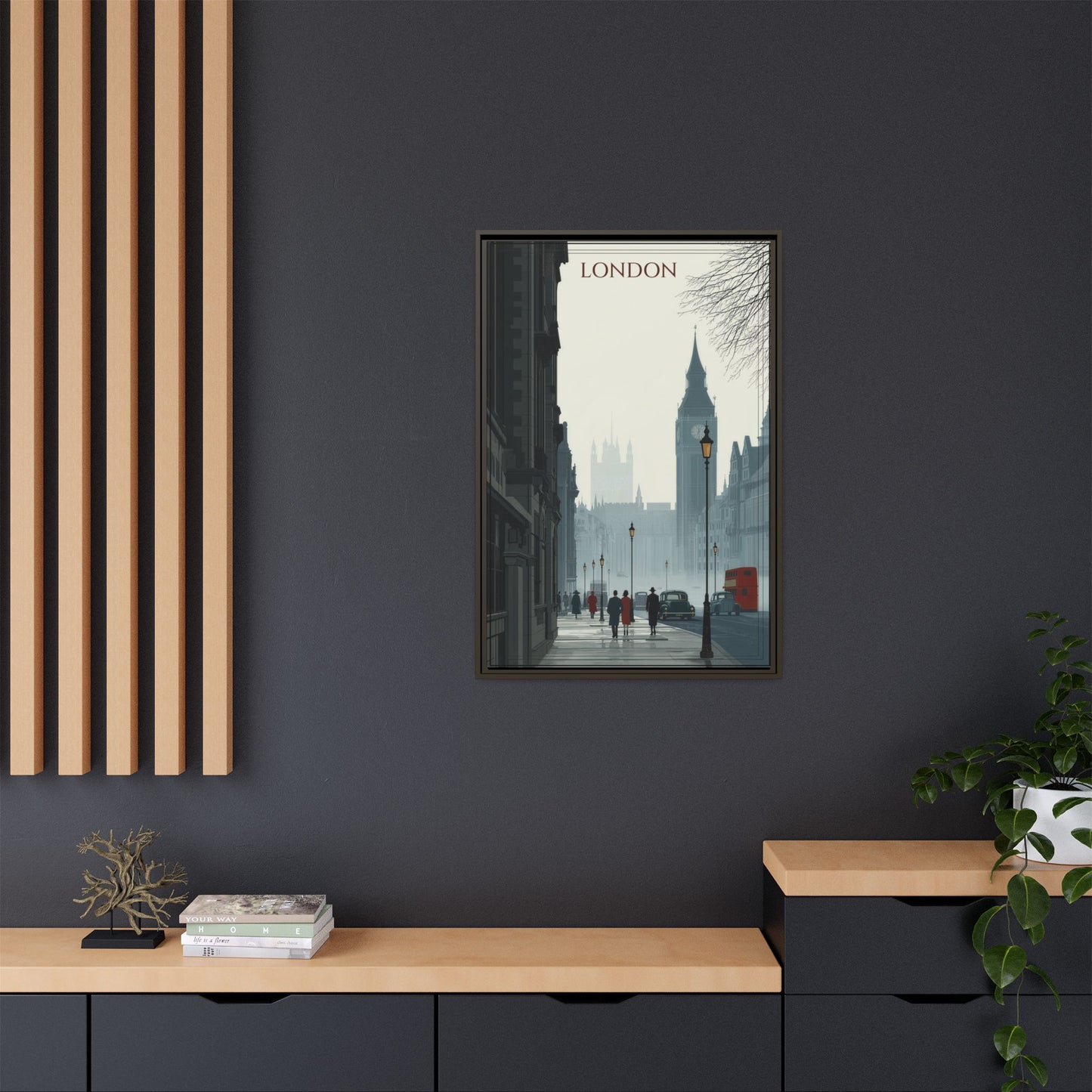 London Street Matte Canvas Print — Framed Vintage Cityscape Wall Art