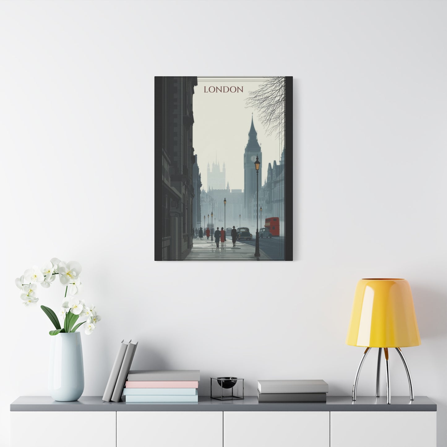London Street Scene Matte Canvas Wall Art – Vintage Big Ben Cityscape Print