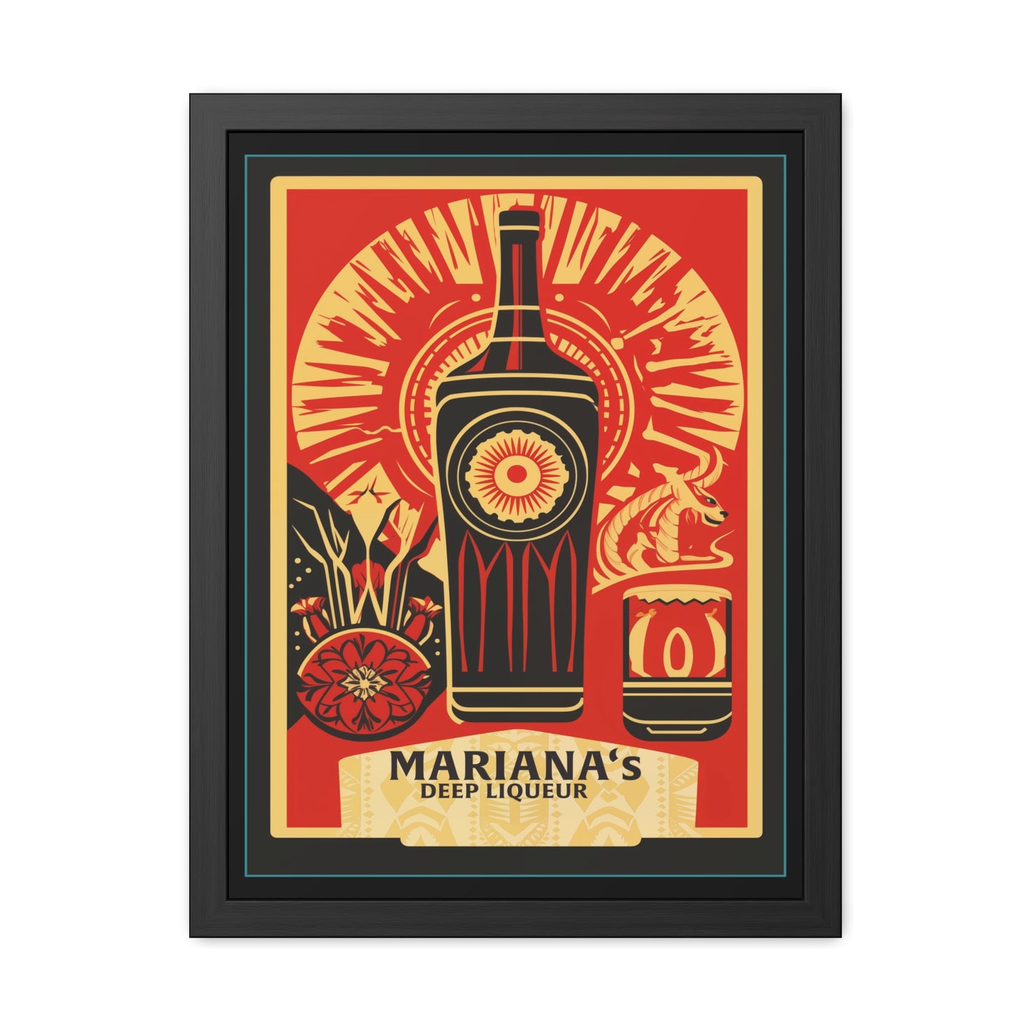 Mariana's Deep Liqueur Poster - Vibrant Art Deco Design with Tropical Flair Framed Posters