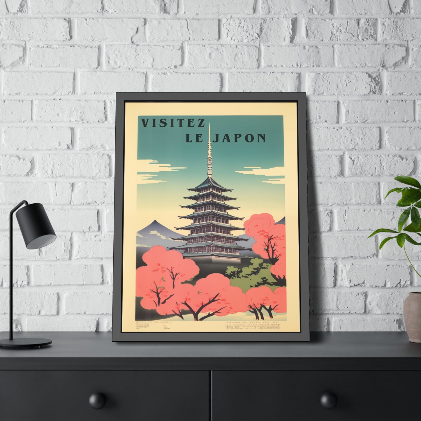 Framed Poster - "Visitez Le Japon" Vintage Travel Art (Cherry Blossom Pagoda)