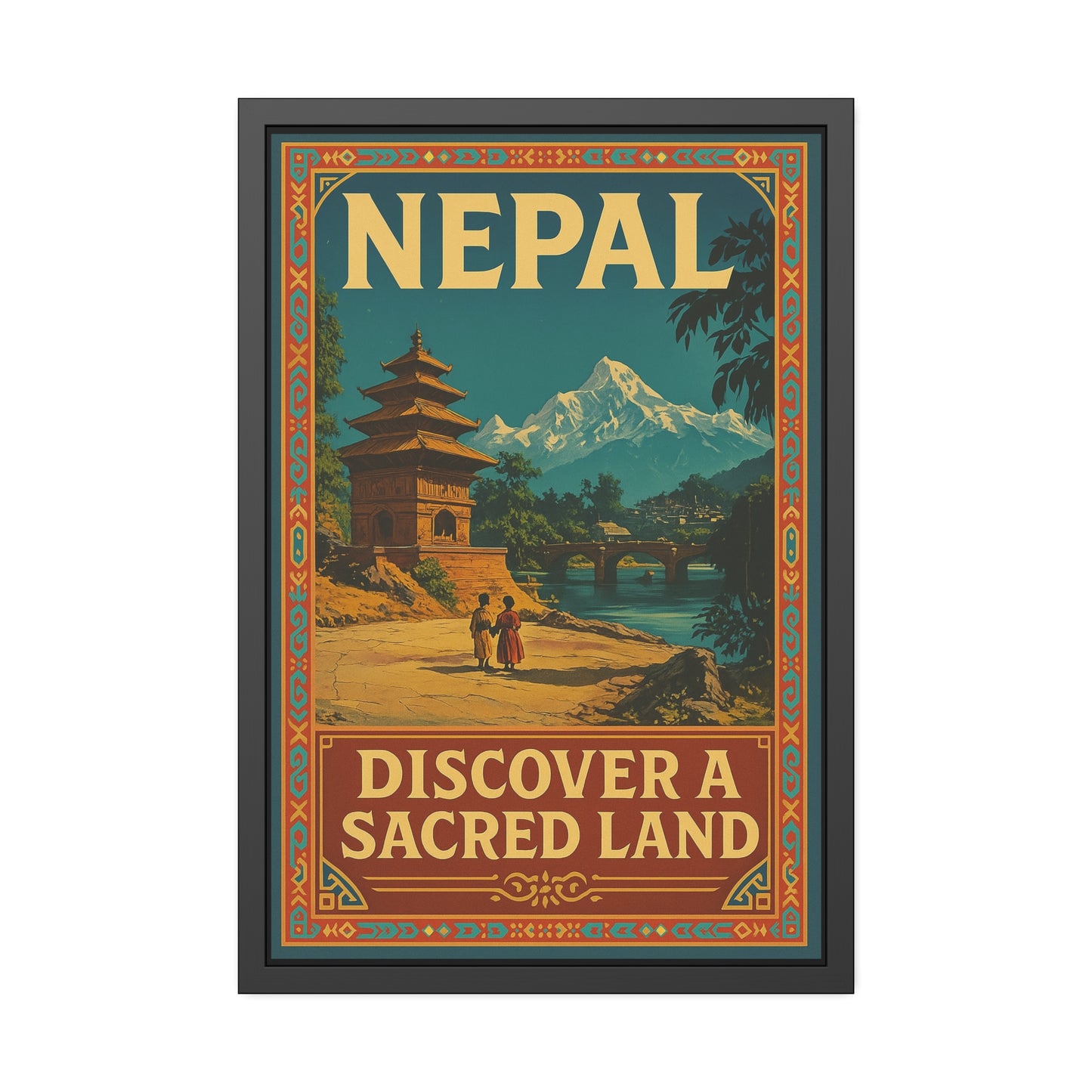 Framed Nepal Travel Poster — "Discover a Sacred Land" Vintage Wall Art