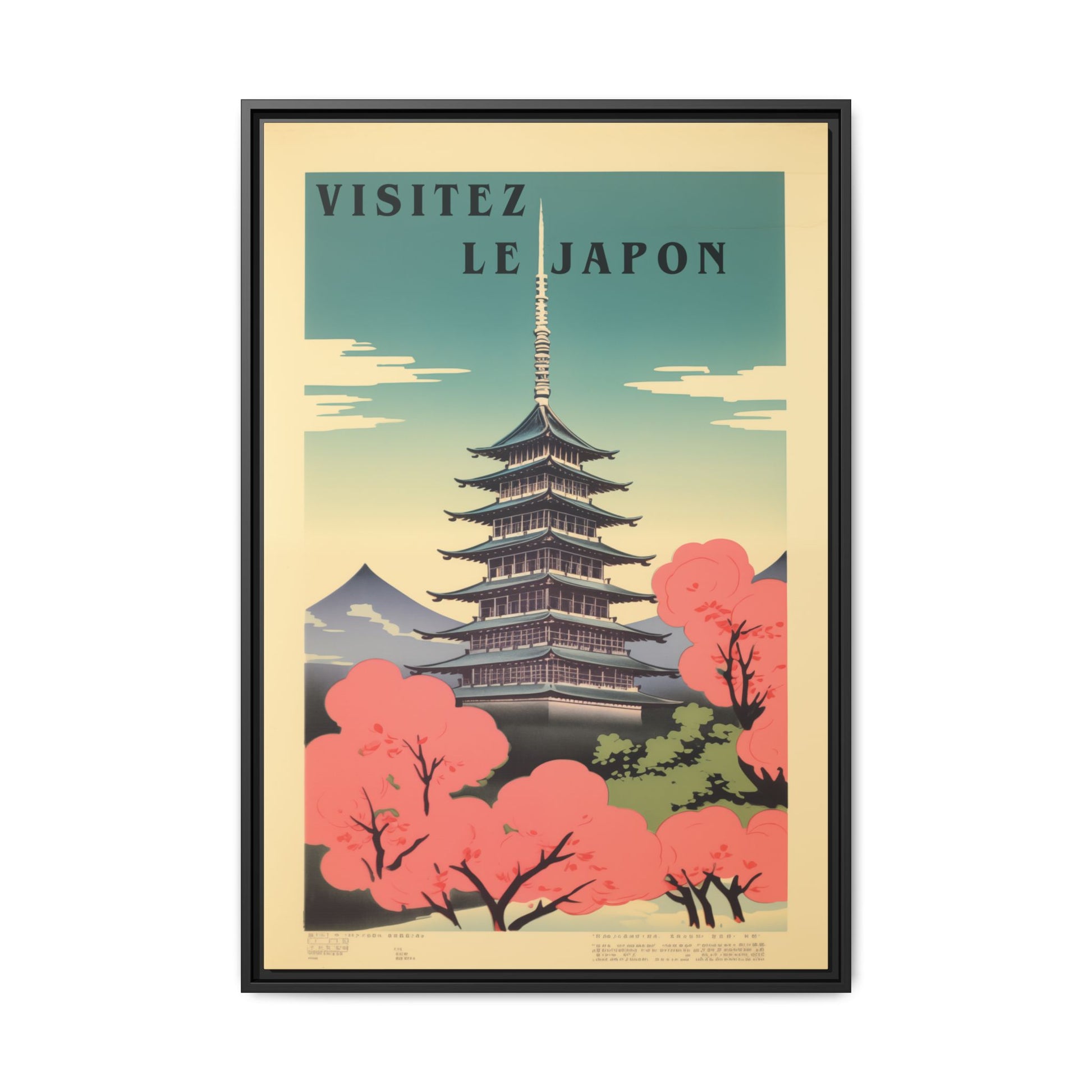 Visitez Le Japon vintage pagoda travel artwork, 24 × 36, black framed canvas, front view