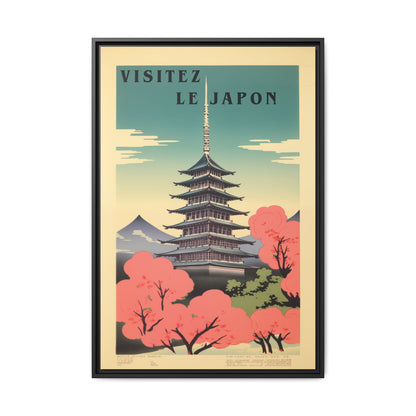 "Vintage Japanese Pagoda Travel Poster - 'Visitez Le Japon' Matte Canvas Wall Art with Black Frame" Matte Canvas, Black Frame