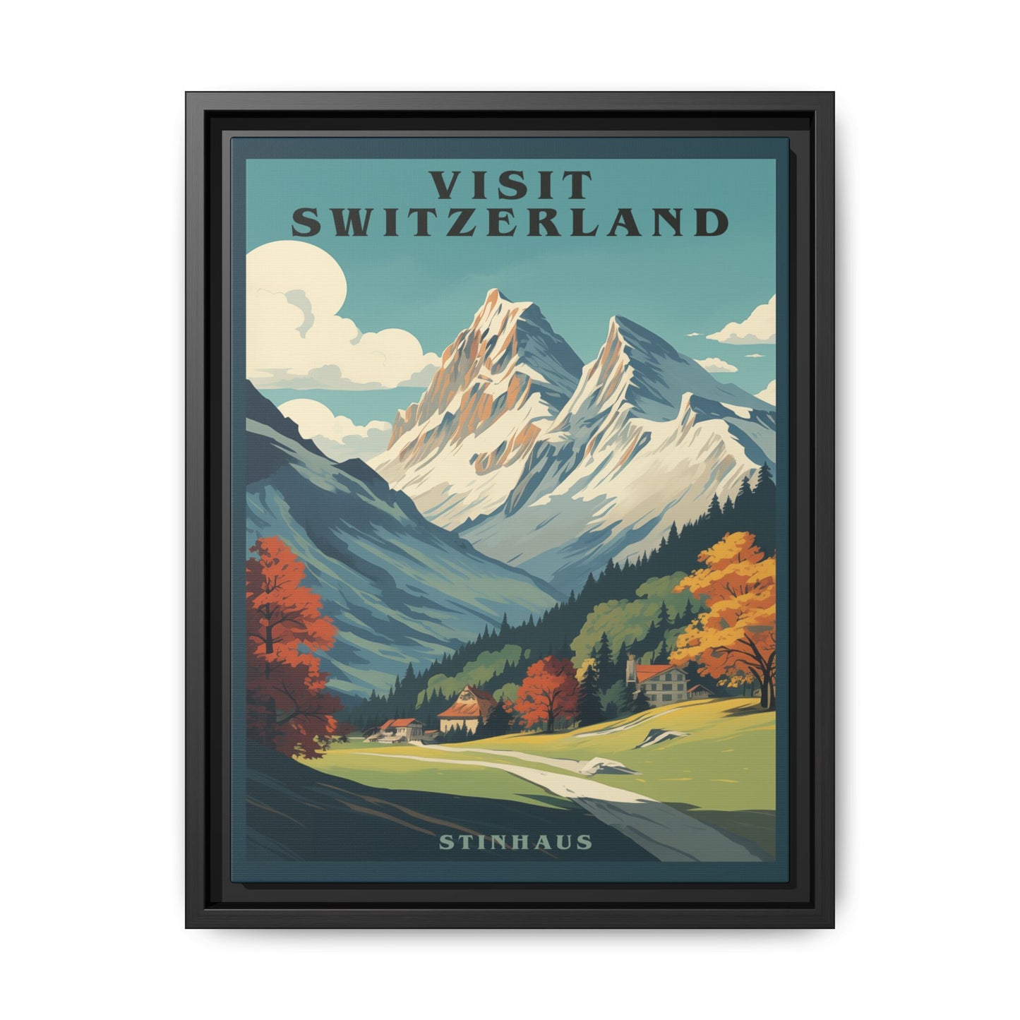 "Visit Switzerland Vintage Poster | Matte Canvas with Black Frame"