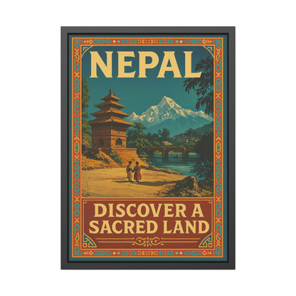 Framed Nepal Travel Poster — "Discover a Sacred Land" Vintage Wall Art