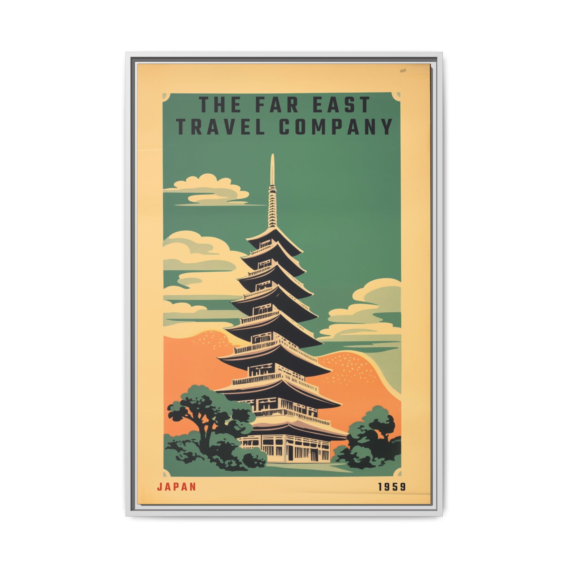 Vintage Far East Travel Company artwork, 24 × 36, white framed canvas, front view