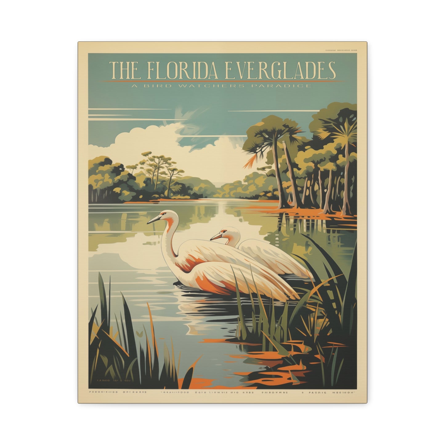 "Vintage Florida Everglades Flamingo Poster - Matte Stretched Canvas Wall Art" Matte Canvas, Stretched, 1.25"