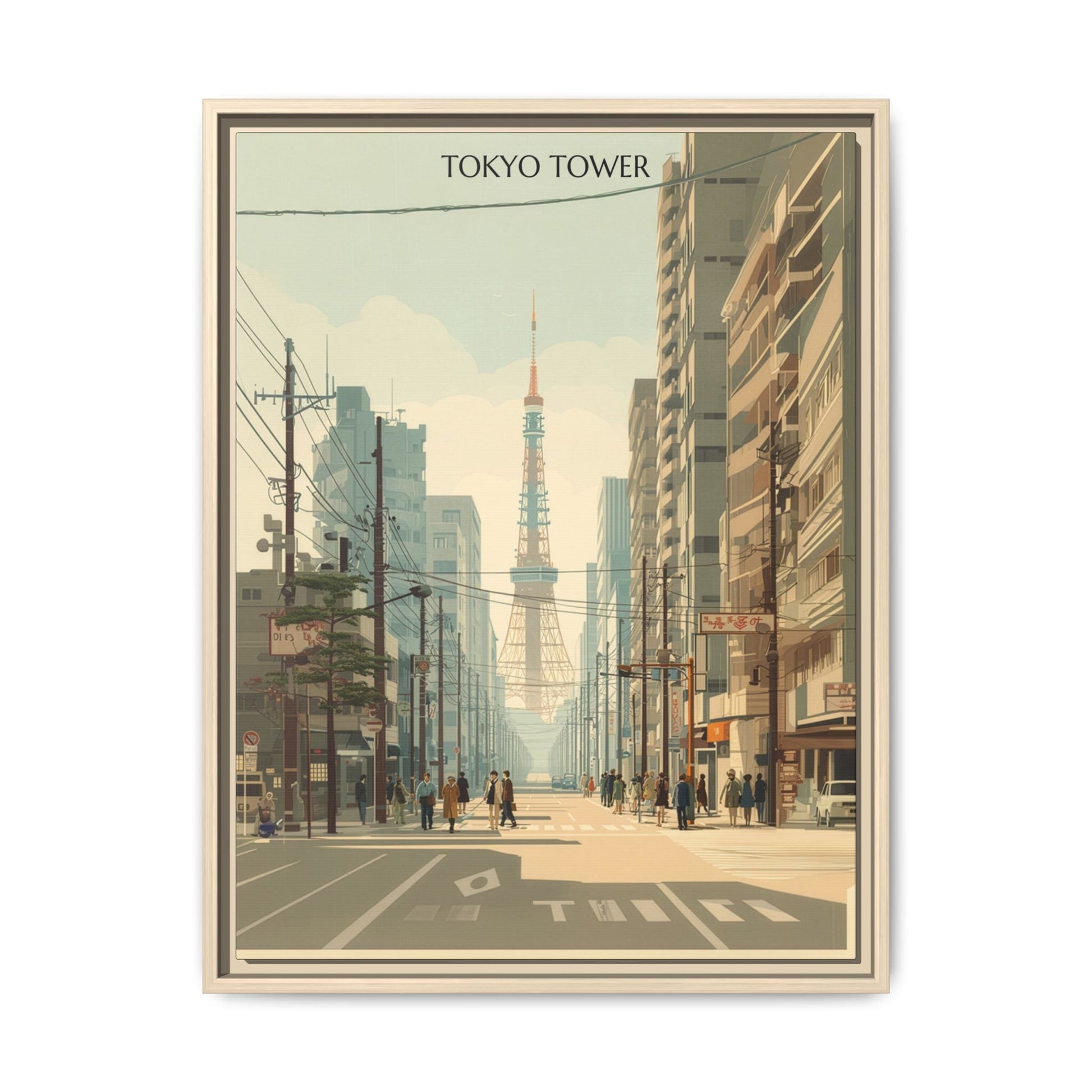 Vintage Tokyo Tower artwork, 18 × 24, natural framed canvas, front view