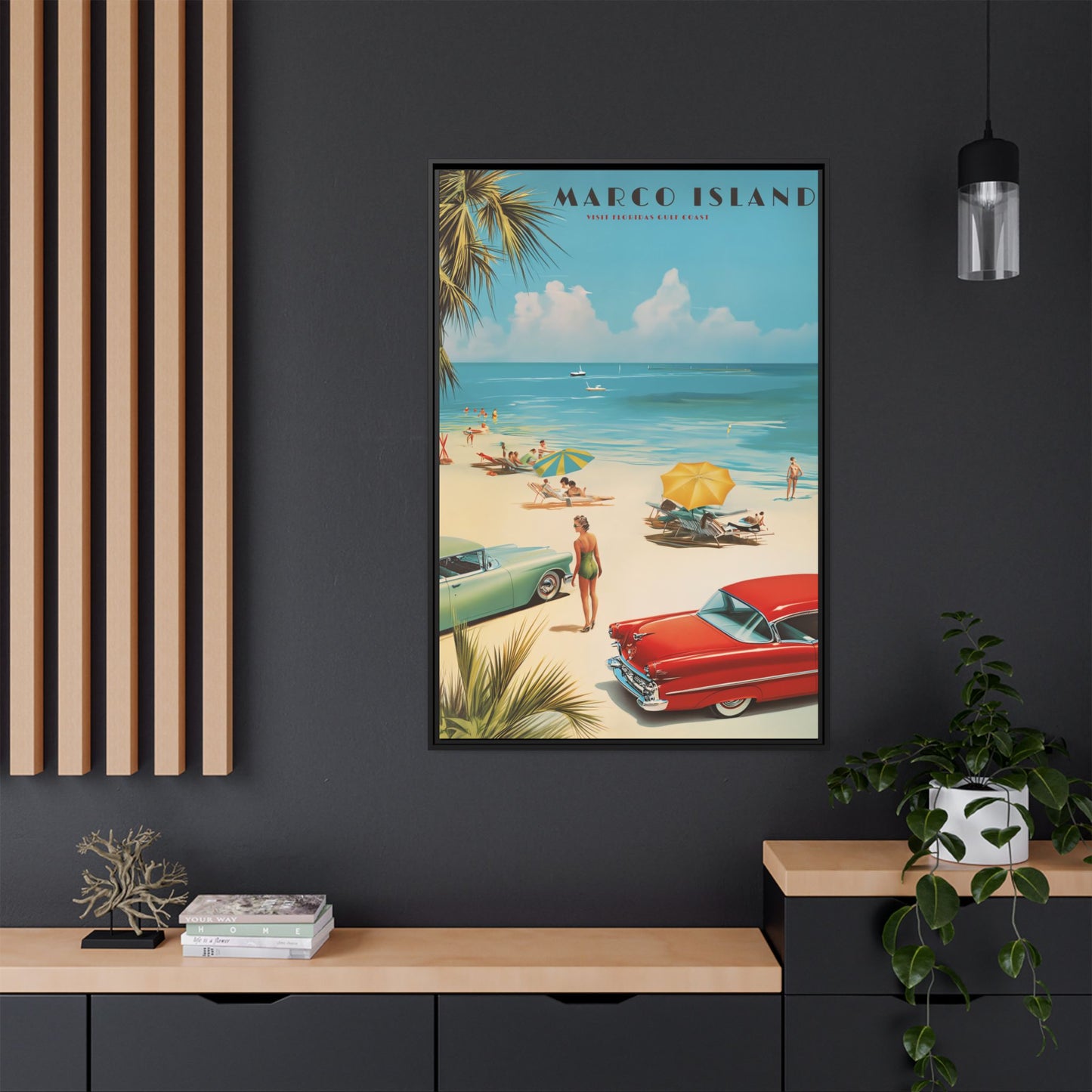 "Marco Island Retro Beach Scene – Vintage Wall Art of Florida’s Gulf Coast" Matte Canvas, Black Frame