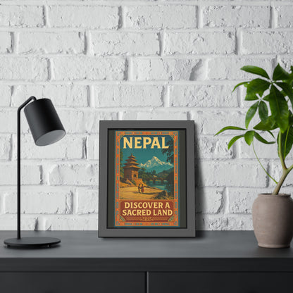 Framed Nepal Travel Poster — "Discover a Sacred Land" Vintage Wall Art
