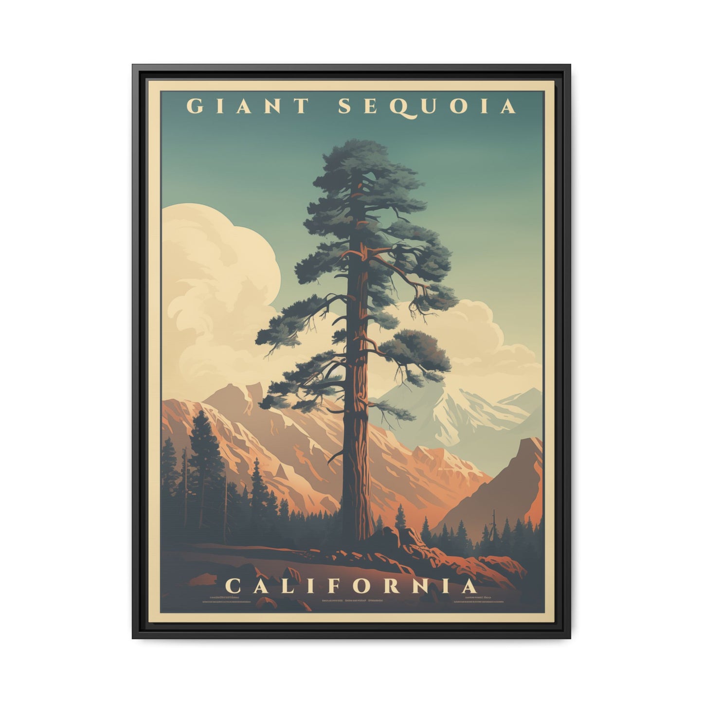 "Vintage Giant Sequoia Poster - California Matte Canvas Wall Art with Black Frame" Matte Canvas, Black Frame