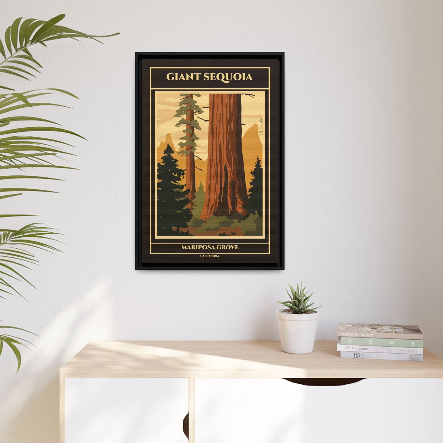 "Vintage Giant Sequoia Poster - Mariposa Grove, California Matte Canvas Wall Art with Black Frame" Matte Canvas, Black Frame