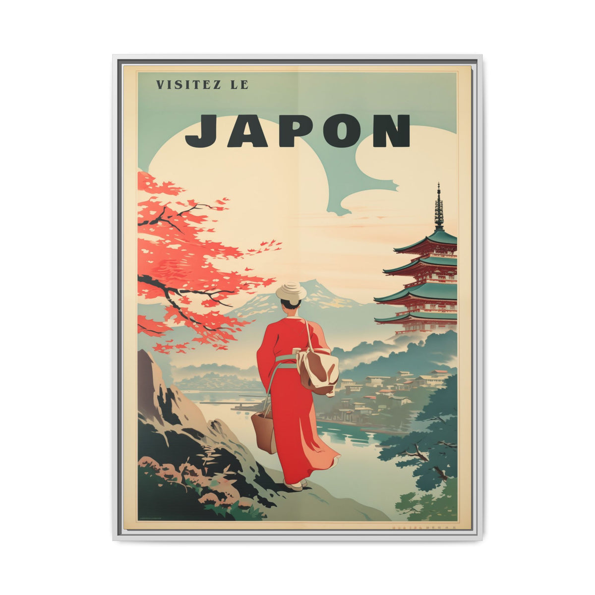 Vintage Visit Japan pagoda and maple artwork, 30 × 40, white framed canvas, front view