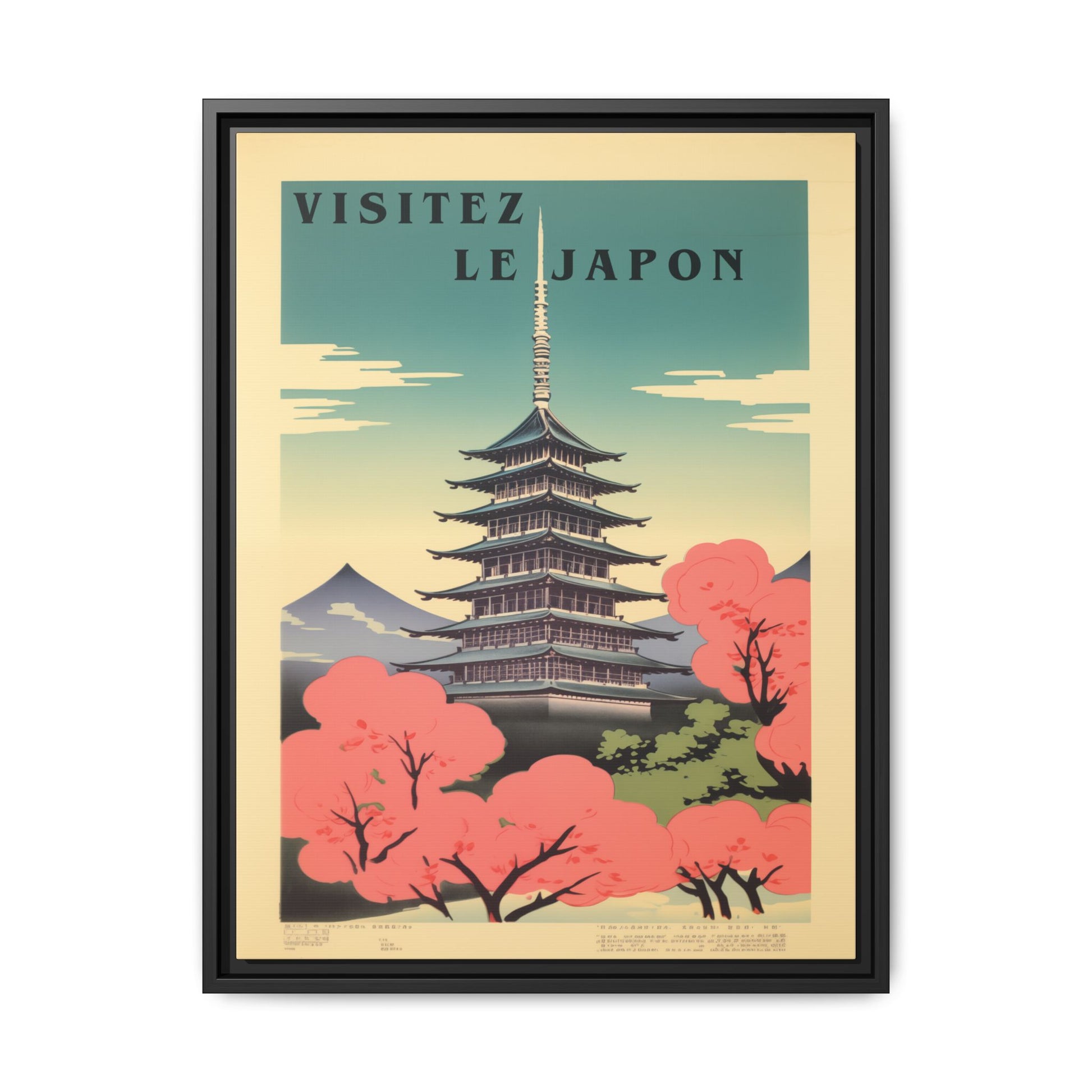 Visitez Le Japon vintage pagoda travel artwork, 18 × 24, black framed canvas, front view