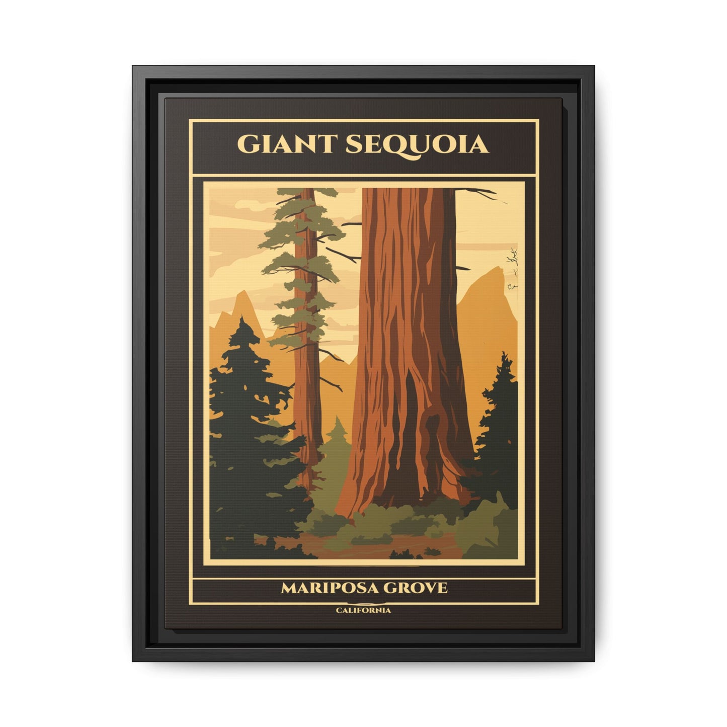 "Vintage Giant Sequoia Poster - Mariposa Grove, California Matte Canvas Wall Art with Black Frame" Matte Canvas, Black Frame