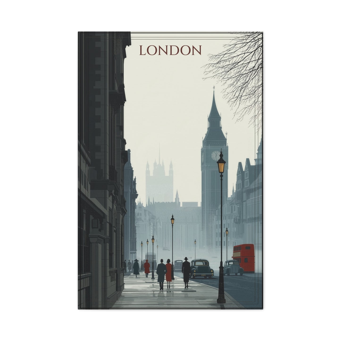 London Street Scene Matte Canvas Wall Art – Vintage Big Ben Cityscape Print