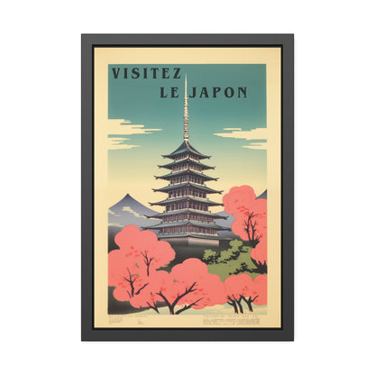 Visitez Le Japon vintage travel art in a framed paper poster, cherry blossoms and pagoda scenery