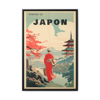 "Vintage French Japan Travel Poster - 'Visitez Le Japon' Matte Canvas Wall Art with Black Frame" Matte Canvas, Black Frame