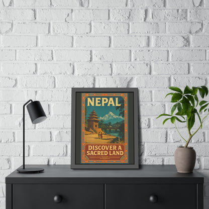 Framed Nepal Travel Poster — "Discover a Sacred Land" Vintage Wall Art