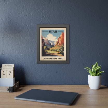 Framed vintage Utah Zion National Park travel art print on a home office desk, alternate view