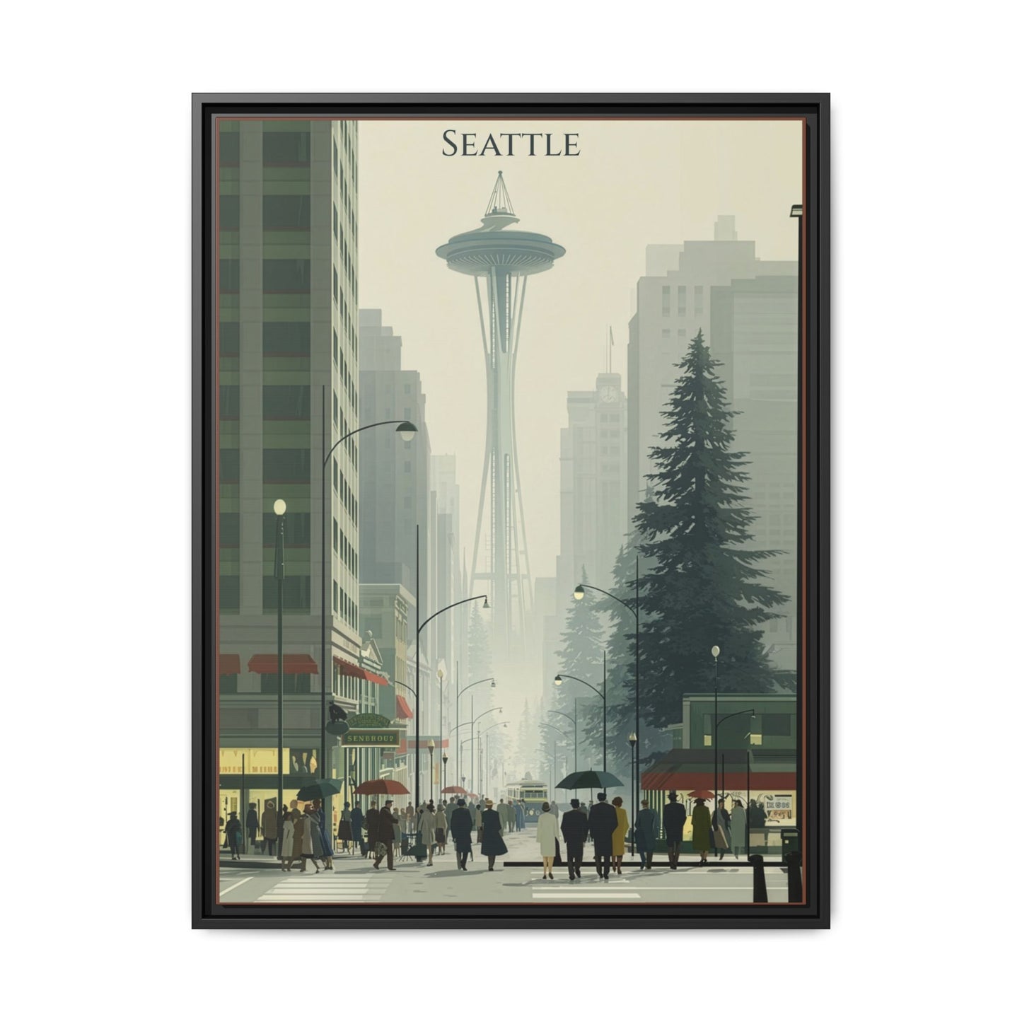 Seattle Space Needle Matte Canvas Print — Framed Vintage Cityscape Wall Art