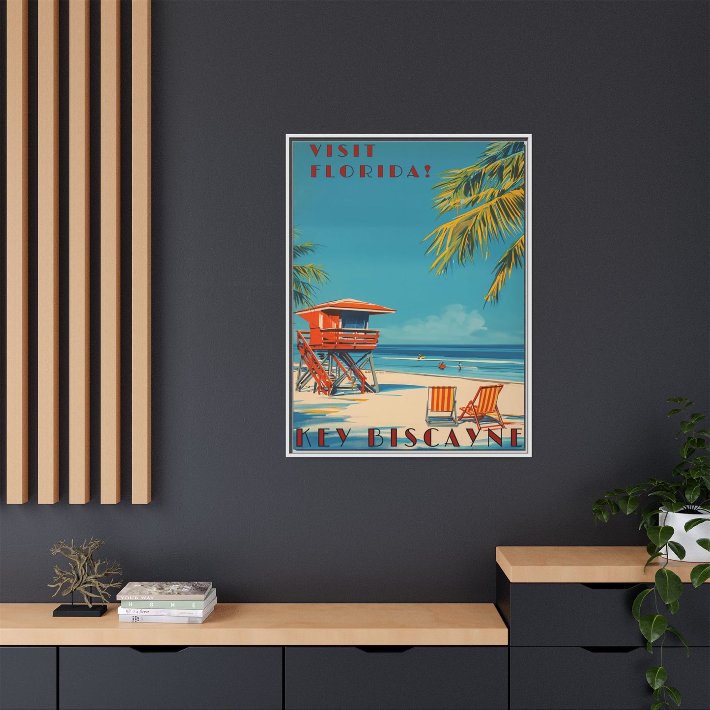 Key Biscayne Vintage Travel Poster Matte Canvas Print — Framed “Visit Florida!” Beach Wall Art