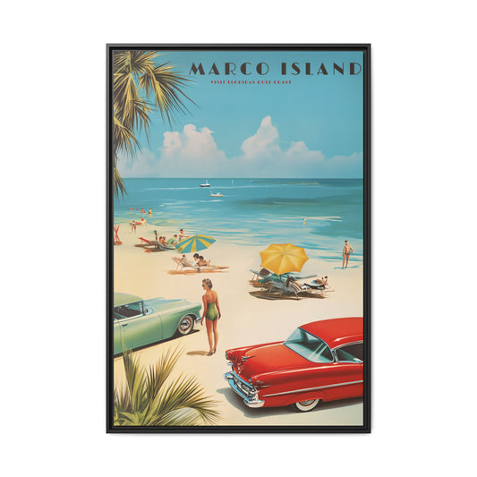"Marco Island Retro Beach Scene – Vintage Wall Art of Florida’s Gulf Coast" Matte Canvas, Black Frame