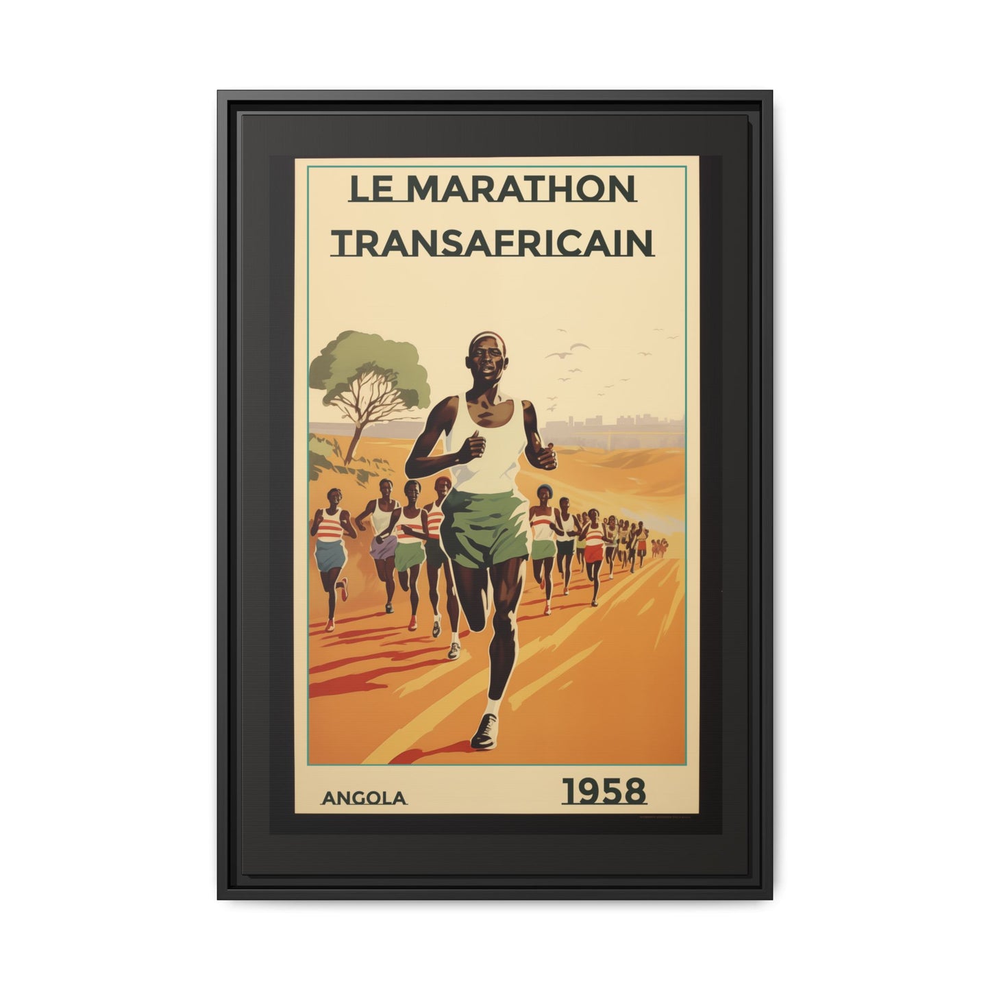 "Le Marathon Transafricain (French)". – 1958 Angola Vintage Matte Canvas, Black Frame