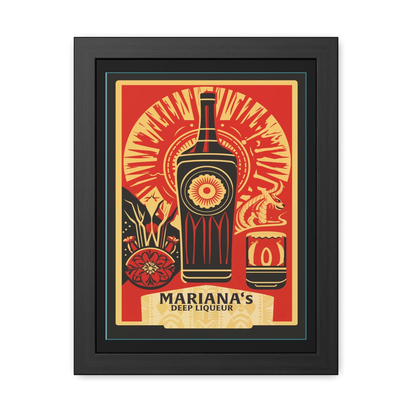 Mariana's Deep Liqueur Poster - Vibrant Art Deco Design with Tropical Flair Framed Posters