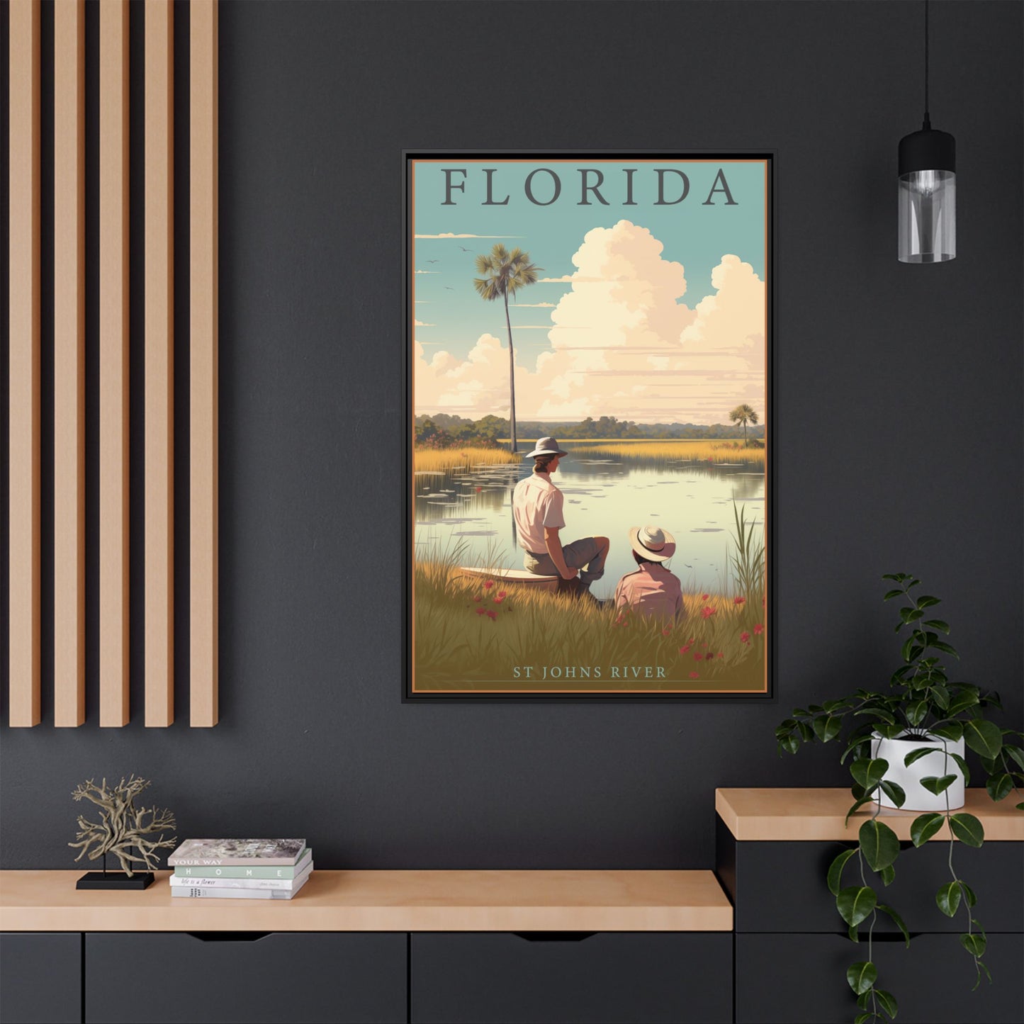 "Vintage Florida Scenic Poster - St. Johns River Matte Canvas Wall Art with Black Frame" Matte Canvas, Black Frame