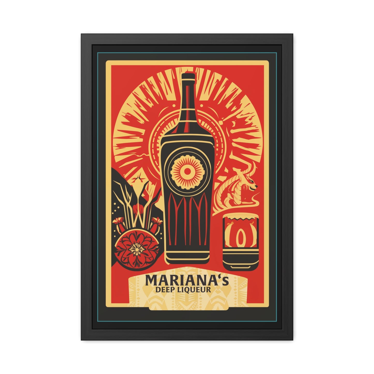 Mariana's Deep Liqueur Poster - Vibrant Art Deco Design with Tropical Flair Framed Posters