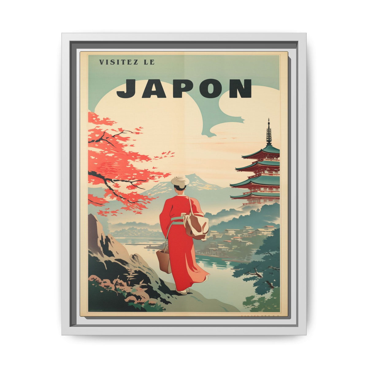 Vintage Visit Japan pagoda and maple artwork, 11 × 14, white framed canvas, front view