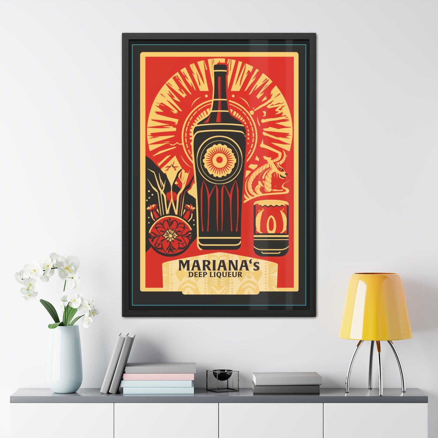 Mariana's Deep Liqueur Poster - Vibrant Art Deco Design with Tropical Flair Framed Posters