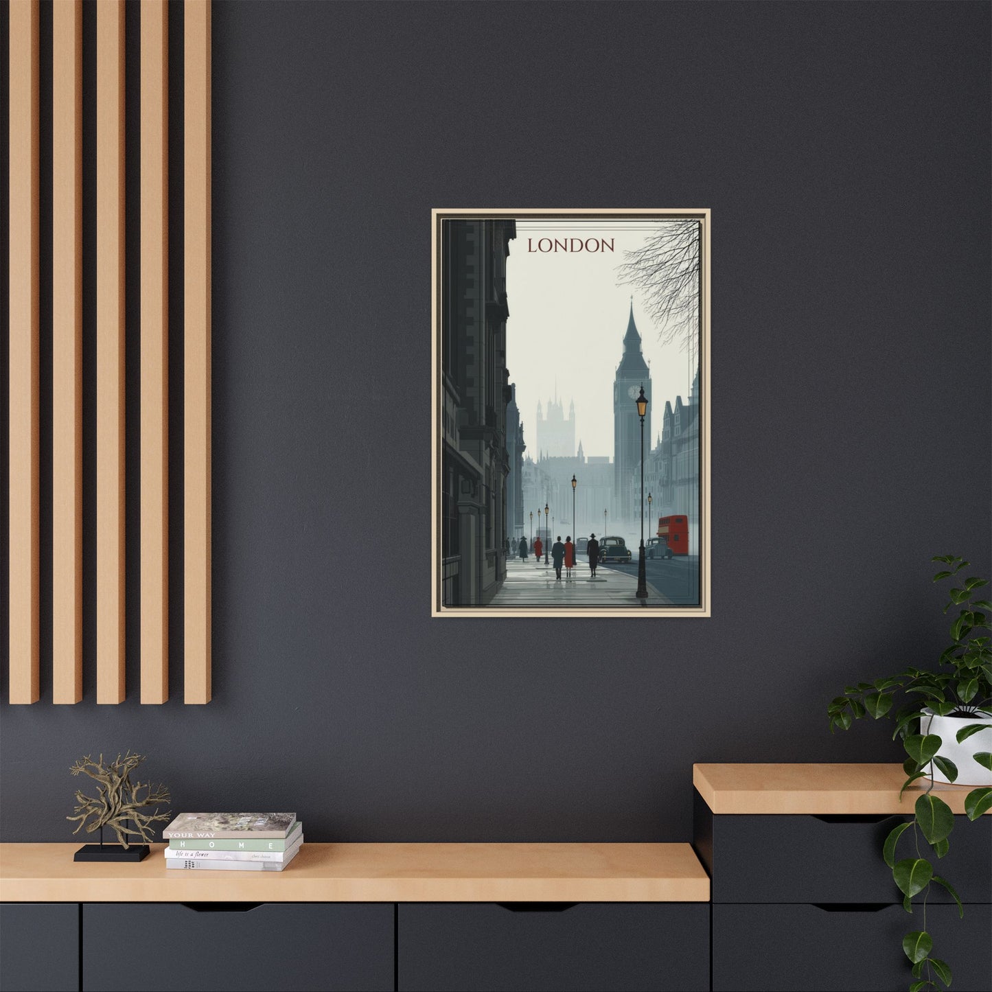 London Street Matte Canvas Print — Framed Vintage Cityscape Wall Art