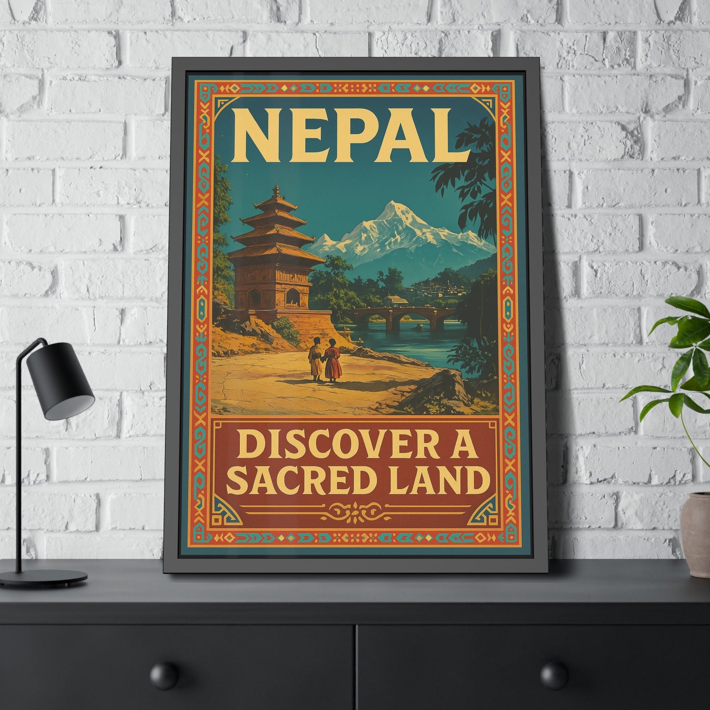 Framed Nepal Travel Poster — "Discover a Sacred Land" Vintage Wall Art