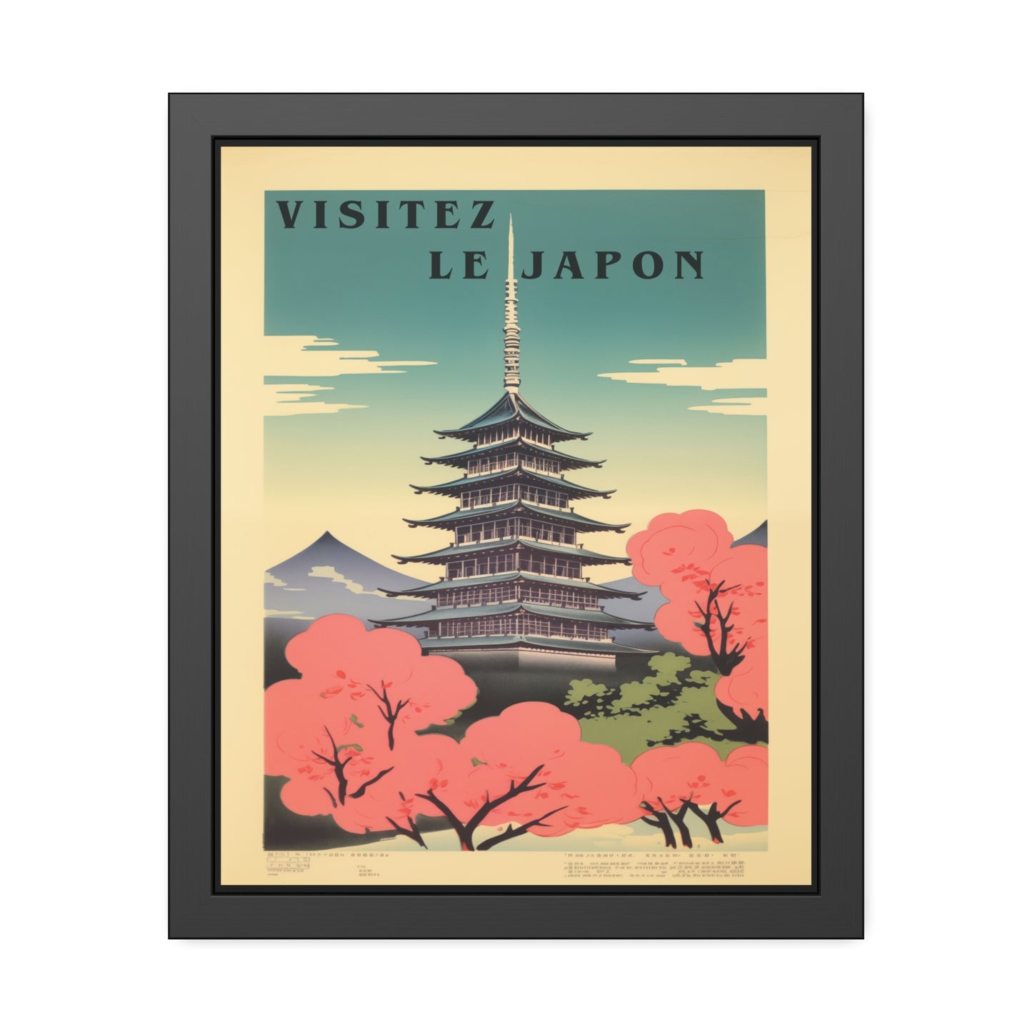 Framed Poster - "Visitez Le Japon" Vintage Travel Art (Cherry Blossom Pagoda)