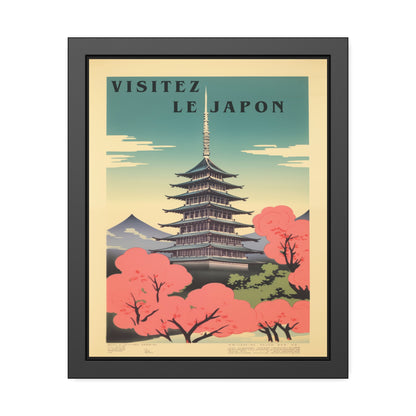 Framed Poster - "Visitez Le Japon" Vintage Travel Art (Cherry Blossom Pagoda)