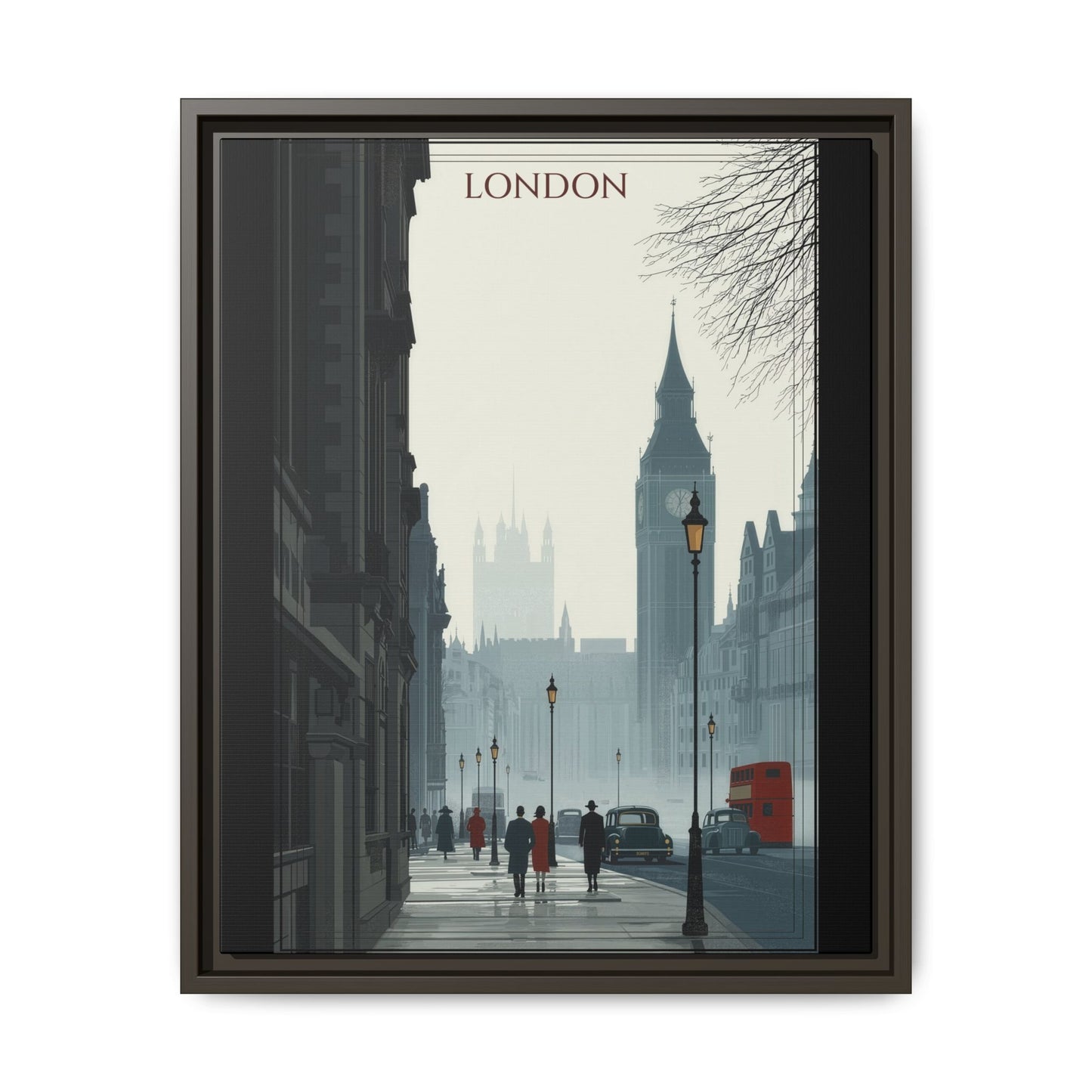 London Street Matte Canvas Print — Framed Vintage Cityscape Wall Art