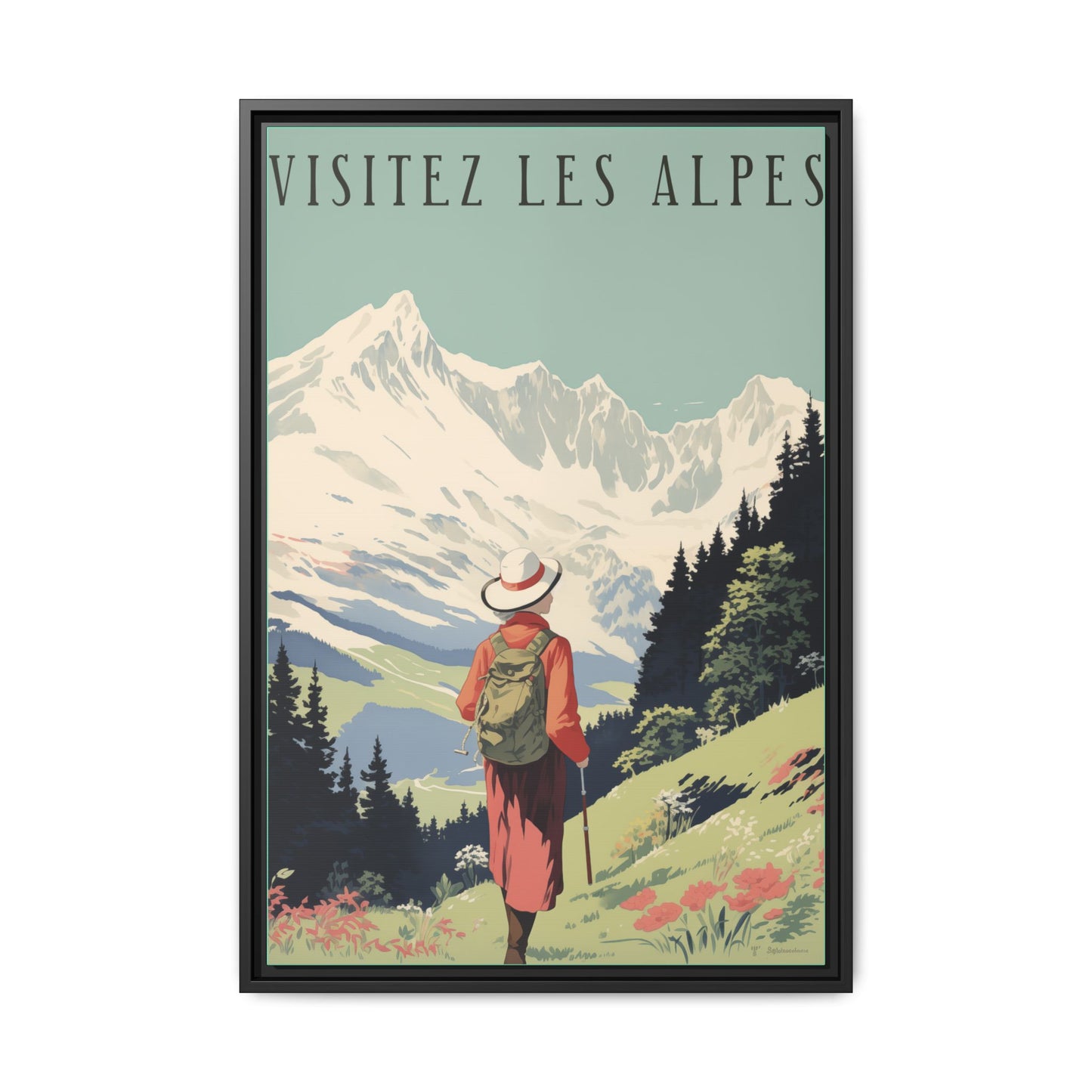 "Visitez Les Alpes(Visit the Alps French) Vintage Travel Poster | Matte Canvas with Black Frame"