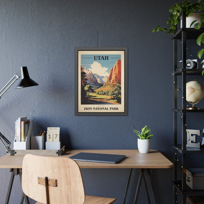 Framed vintage Utah Zion National Park travel art print on a desk beside a notepad